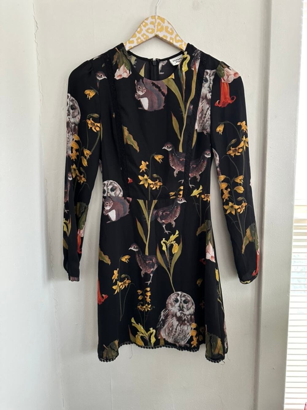 SUNDAY BEST Owl Floral Print Long Sleeve Mini Dress Size 00